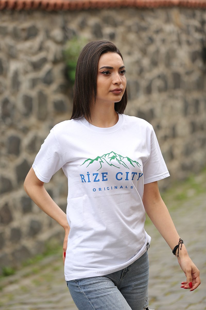 Rize City Bisiklet Yaka Beyaz Unisex T-Shirt
